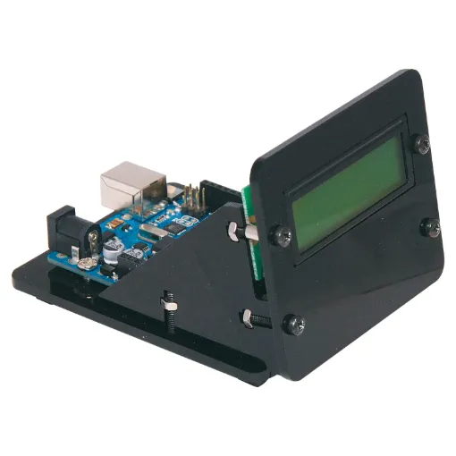 A cut down MegaBox which provides a backlit 16x2 LCD for simple readouts, plus room to customise the front panel with buttons or IR sensor. UNO (sold separately) fits neatly behind the screen and provides room for add-on shields as required.