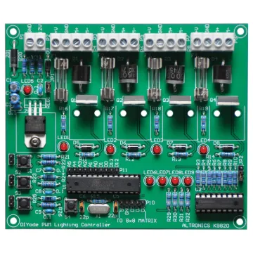 (DIYODE Sept ‘18) Provides four 5A channels of DC powered lighting such as LED strips and lamps. Each channel is independently powered and protected allowing for a very compact and easy to wire design. Utilises an ATmega328p controller (on board) to provide smooth adjustment to brightness levels. Buttons provide channel selection and up/down bright