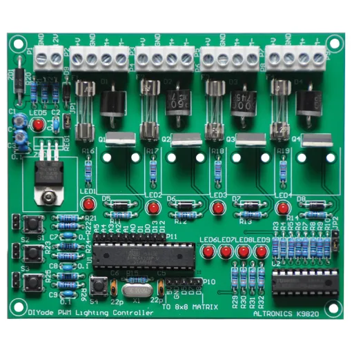 (DIYODE Sept ‘18) Provides four 5A channels of DC powered lighting such as LED strips and lamps. Each channel is independently powered and protected allowing for a very compact and easy to wire design. Utilises an ATmega328p controller (on board) to provide smooth adjustment to brightness levels. Buttons provide channel selection and up/down bright