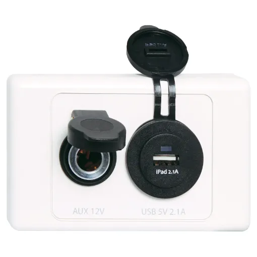 Includes a single weather resistant merit socket and a USB type 'A' charging socket. Ideal for caravans and RV's. 6.35mm spade rear connections.