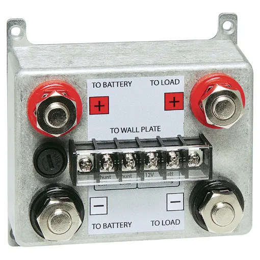A 100A shunt box designed for use in high current remote power, off-grid and PV backup systems. Rated up to 100A it provides connections between the batteries and the load using screw terminals and heavy duty binding posts. Maximum voltage 16V (ie: suits 12V battery systems only). Dimensions: 125W x 62H x 82Dmm.
