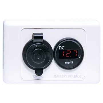 A combination 12V accessory socket and a battery voltage meter on convenient wall plate. So you can keep an eye on your battery conveniently. measures form 2.5V to 30V DC so you can use it on 24V systems as well.