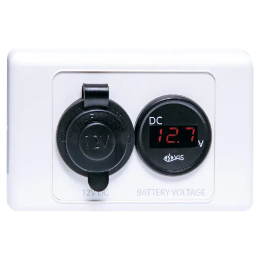 A combination 12V accessory socket and a battery voltage meter on convenient wall plate. So you can keep an eye on your battery conveniently. measures form 2.5V to 30V DC so you can use it on 24V systems as well.