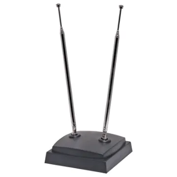 Indoor diople TV antenna with heavy duty base. 
1m 75&Omega; coaxial lead with moulded PAL connector.
The two antennae can be independently rotated allowing the rabbit ears to be set for the clearest reception you can get.