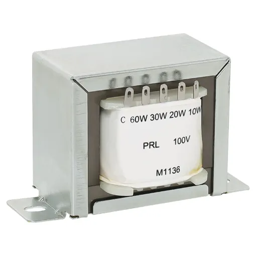 High quality, high performance 100V line audio transformers. All models are wound on professional grade grain orientated steel core for extended frequency response. Designed for use in high grade constant voltage 100V and 70V PA Systems. 

60 Watt 100V