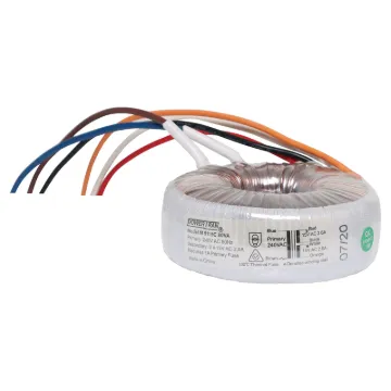 Efficient toroidal transformer with 15V secondaries. 80VA rated.