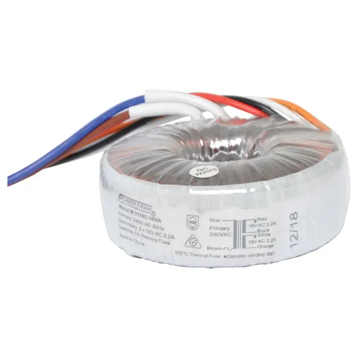Efficient toroidal transformer with 18V secondaries. 80VA rated.