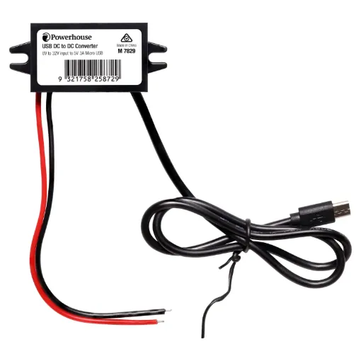 This handy DC-DC converter accepts a 8-32V DC input voltage and converts it to a 5V 3A micro USB output for charging a USB device. These can be easily integrated into vehicle wiring, remote power systems and more.