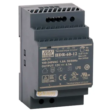 The Mean Well HDR-60-12 is a 60W DIN rail mountable power supply with a DC output voltage of 12V. The design is ideal for lower current DC power applications in a standardised DIN rail housing to suit mounting to asymmetrical “G” or 35mm top hat type DIN rails.