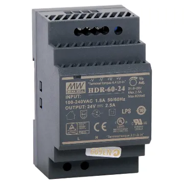 The Mean Well HDR-60-24 is a 60W DIN rail mountable power supply with a DC output voltage of 24V. The design is ideal for lower current DC power applications in a standardised DIN rail housing to suit mounting to asymmetrical “G” or 35mm top hat type DIN rails.