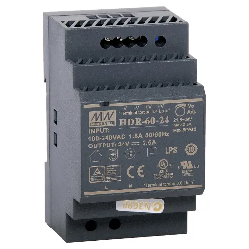 The Mean Well HDR-60-24 is a 60W DIN rail mountable power supply with a DC output voltage of 24V. The design is ideal for lower current DC power applications in a standardised DIN rail housing to suit mounting to asymmetrical “G” or 35mm top hat type DIN rails.