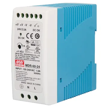 The Mean Well MDR-60-24 provides 24VDC 2.5A output with a rated power output of 60W. The compact enclosure is easy to wire with recessed terminals. Each Mean Well power supply includes protection from short circuit, over load and over voltage conditions to protect the supply and connected equipment from damage.