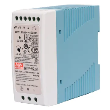 The Mean Well MDR-60-48 provides 48VDC 1.25A output with a rated power output of 60W. The compact enclosure is easy to wire with recessed terminals. Each Mean Well power supply includes protection from short circuit, over load and over voltage conditions to protect the supply and connected equipment from damage.