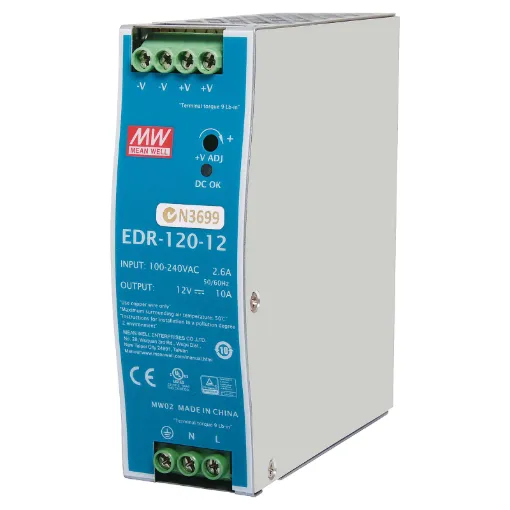 The Mean Well EDR-120-48 provides 48VDC 2.5A output with a rated power output of 120W. The compact enclosure is easy to wire with recessed terminals. Each Mean Well power supply includes protection from short circuit, over load and over voltage conditions to protect the supply and connected equipment from damage. Suitable for mounting to DIN rail T