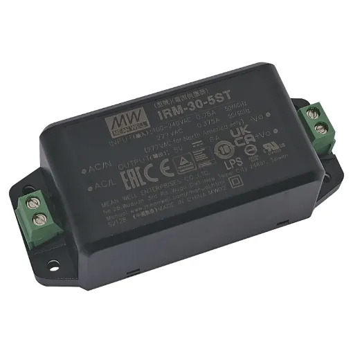 The Mean Well IRM-30-5ST 30W miniature AC-DC power supply is ready to be soldered onto the PCB boards of various kinds of electronic instruments or industrial automation equipment.