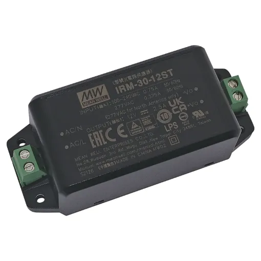 The Mean Well IRM-30-12ST 30W miniature AC-DC power supply is ready to be soldered onto the PCB boards of various kinds of electronic instruments or industrial automation equipment.
