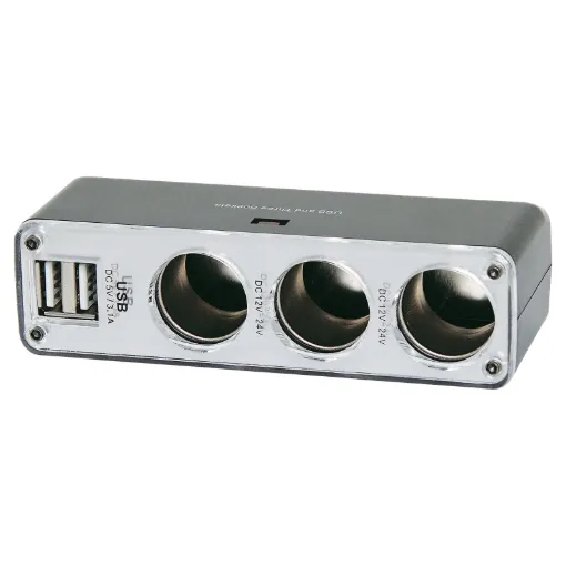 Splits one socket into three, plus adds two USB (3.1A
max) ports for charging devices. Max output 5A.