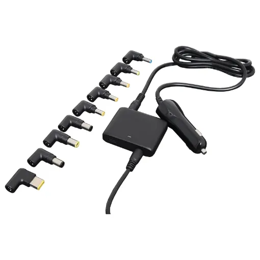 Ultra compact design to allow you to power up your laptop in a car, caravan, boat etc with minimum of space required in your bag.  Plus it's fitted with a 2.4A USB charging port. Includes 8 tips to suit popular brands of laptop. 90W (6A) maximum output.