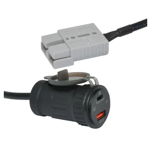 A 2m Anderson style cable fitted with USB type C Power Delivery Charger (18W) & USB QC 3.0 port for keeping devices charged in remote battery systems.