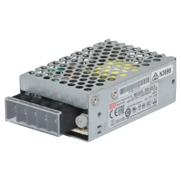 The Mean Well RS-25-5 has a rated output of 25W at 5V DC. This range of switchmode power supplies offer high efficiency DC power in a compact enclosure. They are designed to be installed within a secondary cabinet as the 240V input terminals are exposed.