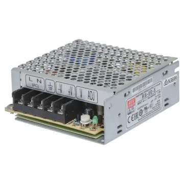 The Mean Well RS-50-5 has a rated output of 50W at 5V DC. This range of switchmode power supplies offer high efficiency DC power in a compact enclosure. They are designed to be installed within a secondary cabinet as the 240V input terminals are exposed.