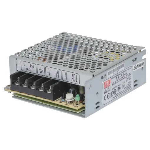 The Mean Well RS-50-5 has a rated output of 50W at 5V DC. This range of switchmode power supplies offer high efficiency DC power in a compact enclosure. They are designed to be installed within a secondary cabinet as the 240V input terminals are exposed.
