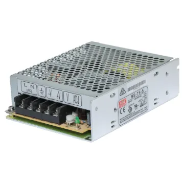 The Mean Well RS-75-5 has a rated output of 60W at 5V DC. This range of switchmode power supplies offer high efficiency DC power in a compact enclosure. They are designed to be installed within a secondary cabinet as the 240V input terminals are exposed.