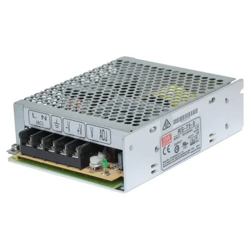 The Mean Well RS-75-5 has a rated output of 60W at 5V DC. This range of switchmode power supplies offer high efficiency DC power in a compact enclosure. They are designed to be installed within a secondary cabinet as the 240V input terminals are exposed.