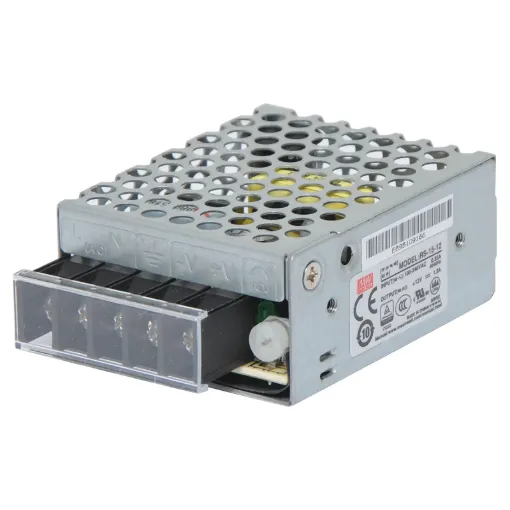 The Mean Well RS-15-12 has a rated output of 16W at 12V DC. This range of switchmode power supplies offer high efficiency DC power in a compact enclosure. They are designed to be installed within a secondary cabinet as the 240V input terminals are exposed.