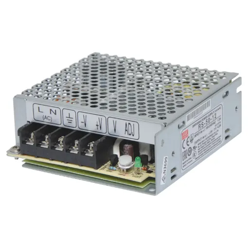 The Mean Well RS-50-12 has a rated output of 50W at 12V DC. This range of switchmode power supplies offer high efficiency DC power in a compact enclosure. They are designed to be installed within a secondary cabinet as the 240V input terminals are exposed.