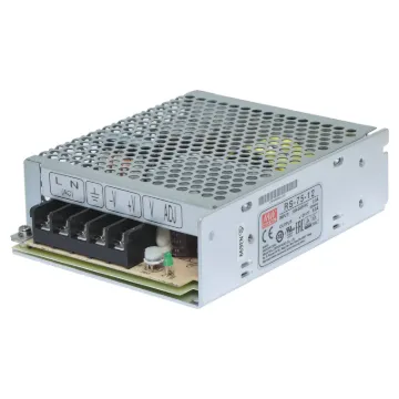 The Mean Well RS-75-12 has a rated output of 72W at 12V DC. This range of switchmode power supplies offer high efficiency DC power in a compact enclosure. They are designed to be installed within a secondary cabinet as the 240V input terminals are exposed