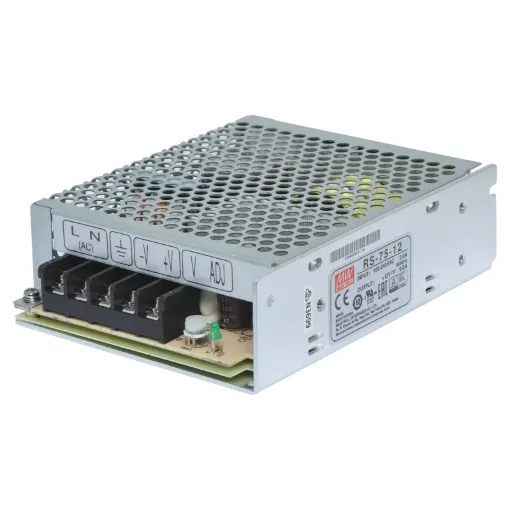 The Mean Well RS-75-12 has a rated output of 72W at 12V DC. This range of switchmode power supplies offer high efficiency DC power in a compact enclosure. They are designed to be installed within a secondary cabinet as the 240V input terminals are exposed