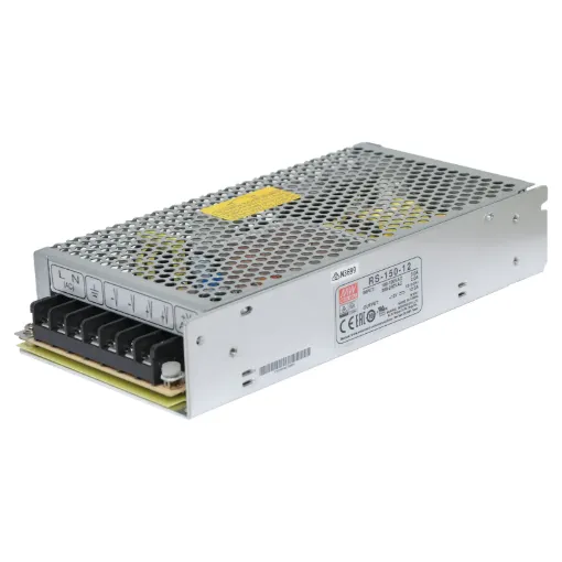 The Mean Well RS-150-12 has a rated output of 150W at 12V DC. This range of switchmode power supplies offer high efficiency DC power in a compact enclosure. They are designed to be installed within a secondary cabinet as the 240V input terminals are exposed.