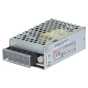 The Mean Well RS-25-24 has a rated output of 26W at 24V DC. This range of switchmode power supplies offer high efficiency DC power in a compact enclosure. They are designed to be installed within a secondary cabinet as the 240V input terminals are exposed.