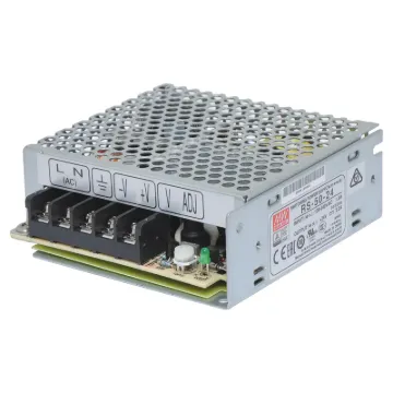 The Mean Well RS-50-24 has a rated output of 53W at 24V DC. This range of switchmode power supplies offer high efficiency DC power in a compact enclosure. They are designed to be installed within a secondary cabinet as the 240V input terminals are exposed.
