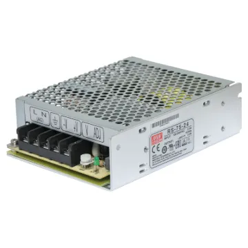 The Mean Well RS-75-24 has a rated output of 77W at 24V DC. This range of switchmode power supplies offer high efficiency DC power in a compact enclosure. They are designed to be installed within a secondary cabinet as the 240V input terminals are exposed.