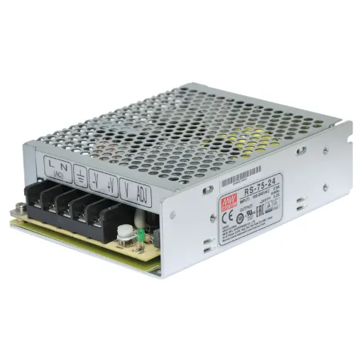 The Mean Well RS-75-24 has a rated output of 77W at 24V DC. This range of switchmode power supplies offer high efficiency DC power in a compact enclosure. They are designed to be installed within a secondary cabinet as the 240V input terminals are exposed.