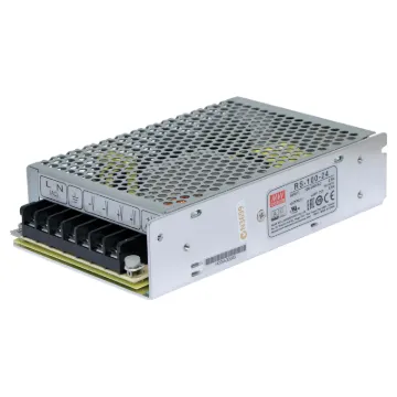The Mean Well RS-100-24 has a rated output of 108W at 24V DC. This range of switchmode power supplies offer high efficiency DC power in a compact enclosure. They are designed to be installed within a secondary cabinet as the 240V input terminals are exposed.