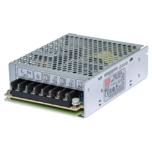 The Mean Well RD-65A has a rated output of 66W with dual voltage rails at 5V DC and 12V DC. This range of switchmode power supplies offer high efficiency DC power in a compact enclosure. They are designed to be installed within a secondary cabinet as the 240V input terminals are exposed