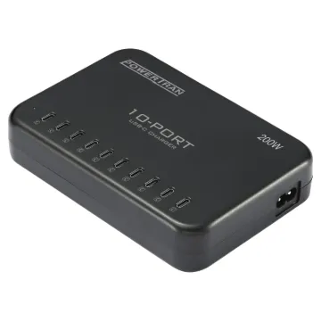 This 10-port USB charger allows you to charge up to 10 devices at once. It features 10 USB Type-C charging ports providing up to 200W of charge capacity across all ports.