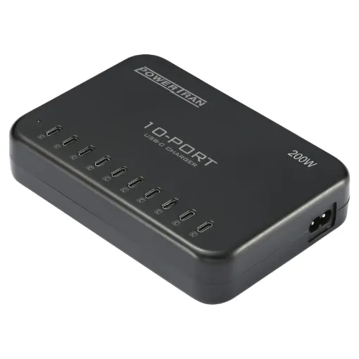 This 10-port USB charger allows you to charge up to 10 devices at once. It features 10 USB Type-C charging ports providing up to 200W of charge capacity across all ports.