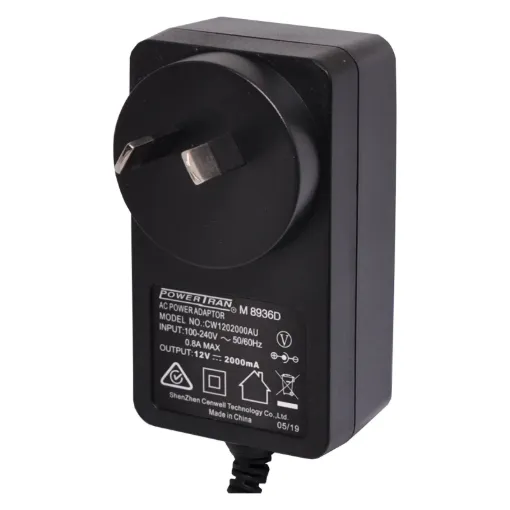 12V DC Switchmode Plugpack Supplied with fixed 2.1mm DC tip (tip positive). Compact design with high current regulated output. Energy authority approved. MEPS approved. 

12VDC @ 2A.