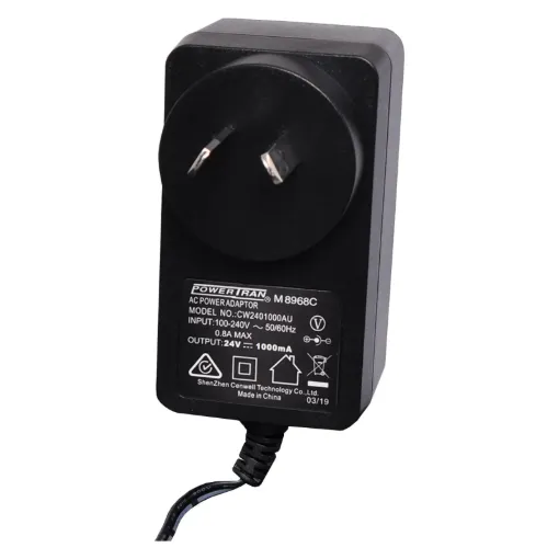 24V DC Switchmode Plugpack Supplied with fixed 2.1mm DC tip (tip positive). Compact design with high current regulated output. Energy authority approved. MEPS approved. 

24VDC @ 1A.