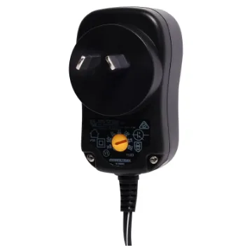A slim line multi-voltage plug pack with the adjustment switch on the side of the unit that faces the wall when installed. This prevents accidental change of output voltage which may cause damage to a connected appliance.  2A max output.