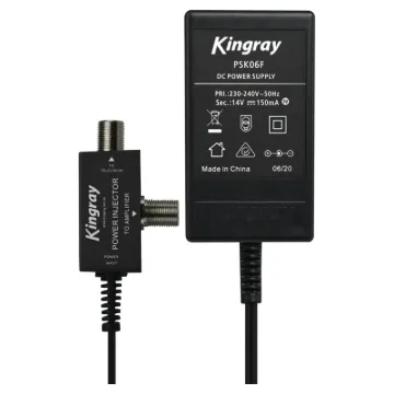 14V DC 150mA plugpack with F-Type socket arrangement designed to plug in line with Kingray range of masthead amplifiers.
