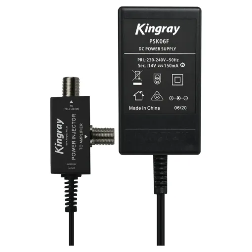 14V DC 150mA plugpack with F-Type socket arrangement designed to plug in line with Kingray range of masthead amplifiers.