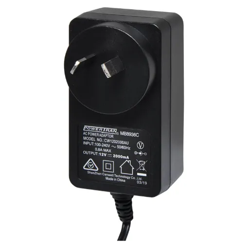 12V DC, 2 Amp Switchmode Plugpack Supplied with a fixed positive to tip 2.5mm DC jack (2.5ID x 5.5OD x 10L). Compact design with high current regulated output. Energy authority approved. MEPS approved. Dimensions: 75L x 42W x 40D mm.