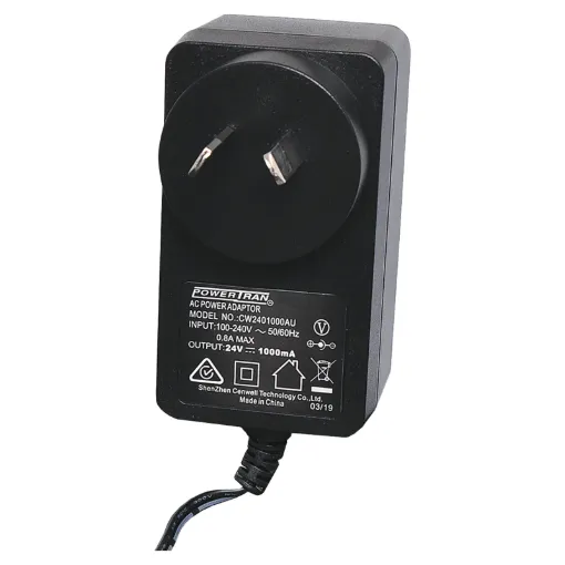 24V DC, 1 Amp switch mode plug pack. Supplied with a fixed positive to tip 2.5mm DC jack (2.5ID x 5.5OD x 10L).