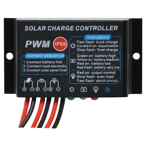 This compact PWM 4 stage solar charge controller is ideal for 12V battery systems.