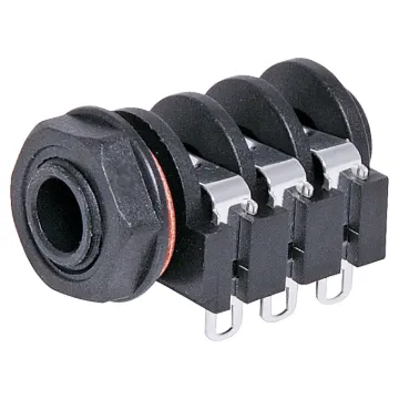 6.35mm insulated chassis mount stereo socket with switched contacts. Mounting hole 11mm dia.